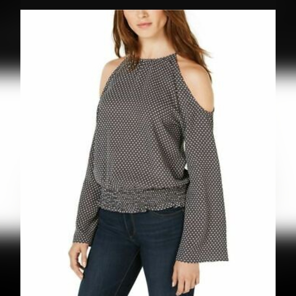 Bar III Cold Shoulder Women's Blouse Gray Size L Polka Dot